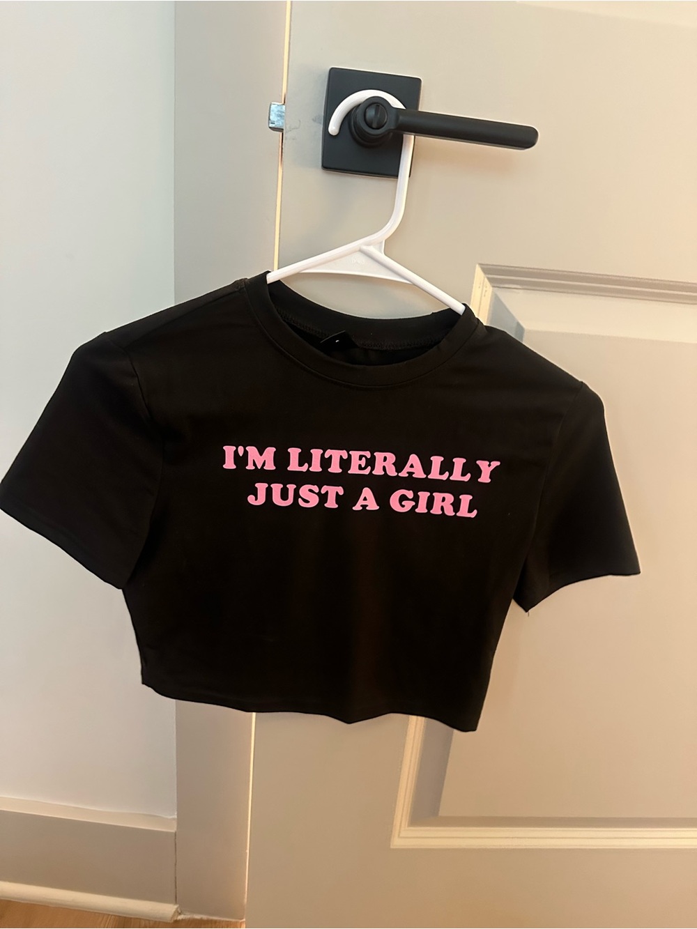 SHEIN Black Crop Tee with Pink Slogan Text